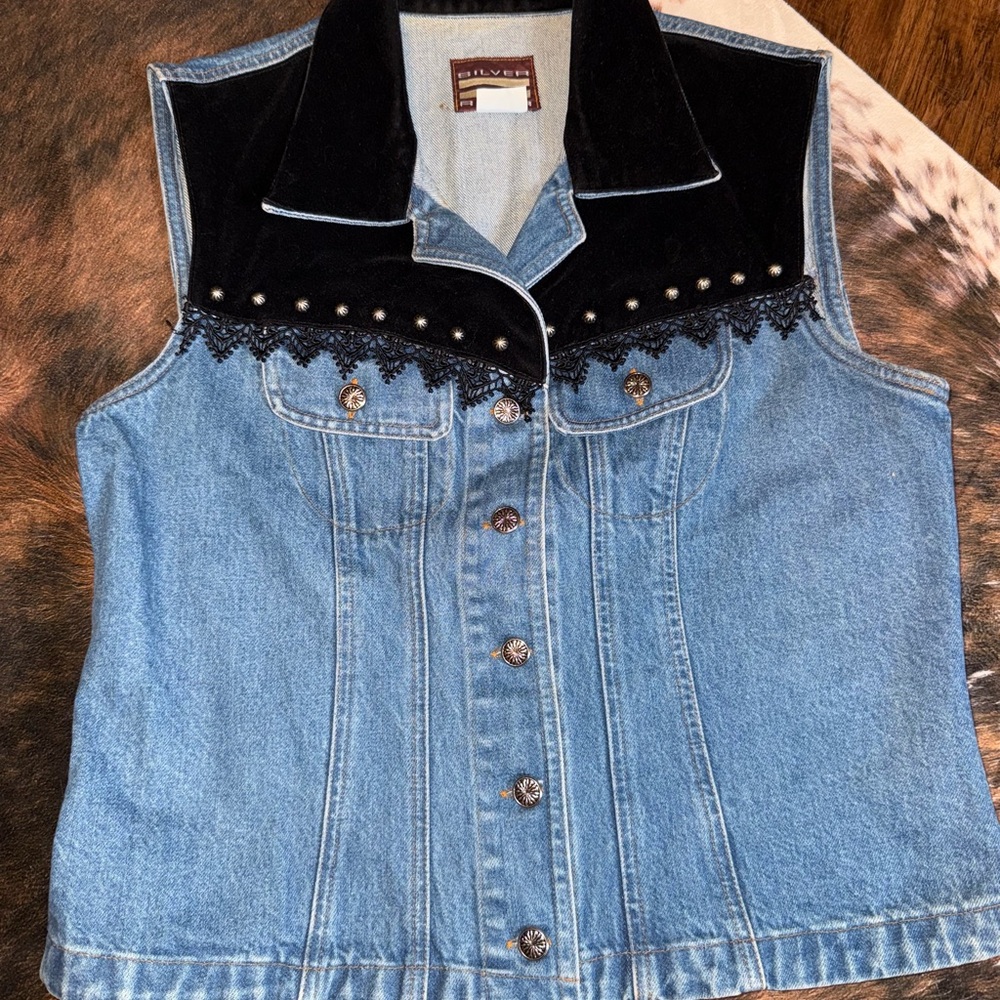 Silver River Denim Vest with Black Velvet Accents